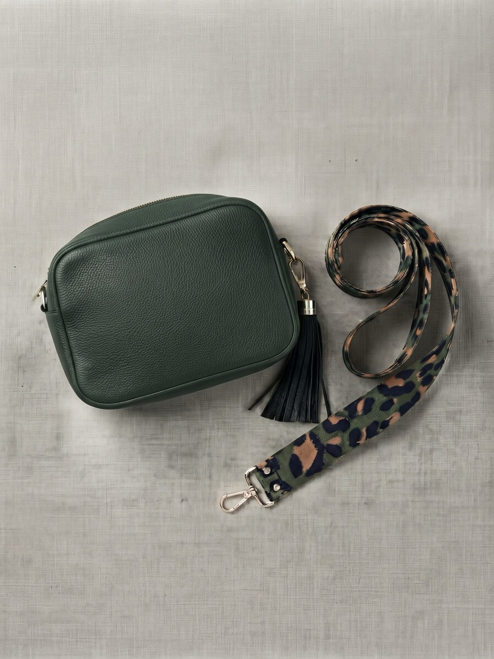 Elie Beaumont Leather Crossbody Camera Bag in Dark Green with Camouflage Strap